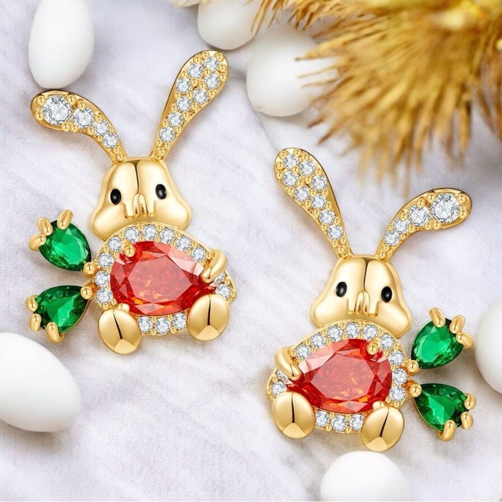 Gold Tone Bunny Stud Earrings with Colorful CZ Carrot & Clear CZ Accents!